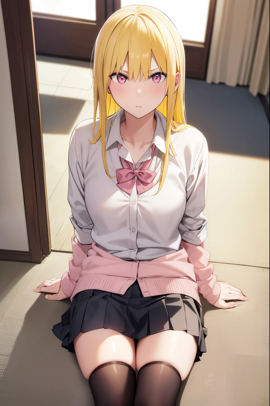 gyaruharuka, gyaru haruka, long hair, bangs, blonde hair, (yellow hair:1.5), (pink eyes:1.5), earrings, mole, mole under mouth,
BREAK skirt, shirt, bow, school uniform, white shirt, pleated skirt, open clothes, socks, collared shirt, bowtie, black skirt, red bow, cardigan, black socks, red bowtie, light brown cardigan,
BREAK indoors, classroom,
BREAK looking at viewer,
BREAK (masterpiece:1.2), best quality, high resolution, unity 8k wallpaper, (illustration:0.8), (beautiful detailed eyes:1.6), extremely detailed face, perfect lighting, extremely detailed CG, (perfect hands, perfect anatomy),