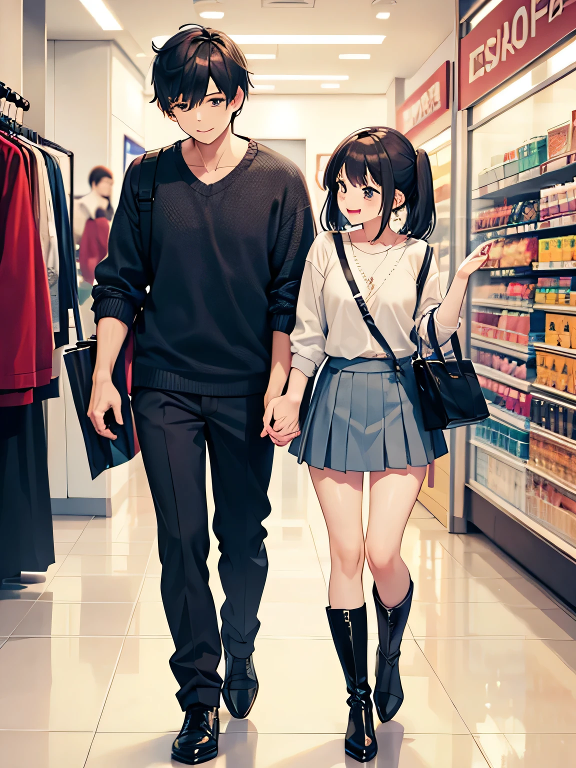 1,There are also male and female couples..
2,Two people enjoying shopping together.
3,Both are smiling and looking like they're having fun.
4,Women wear sexy knits and pleated miniskirts.、I'm wearing long boots on my feet。.
5,The man is wearing normal clothes, but his hair is braided.、carrying a woman's luggage.
6,The location is the women's clothing section of a shopping mall..