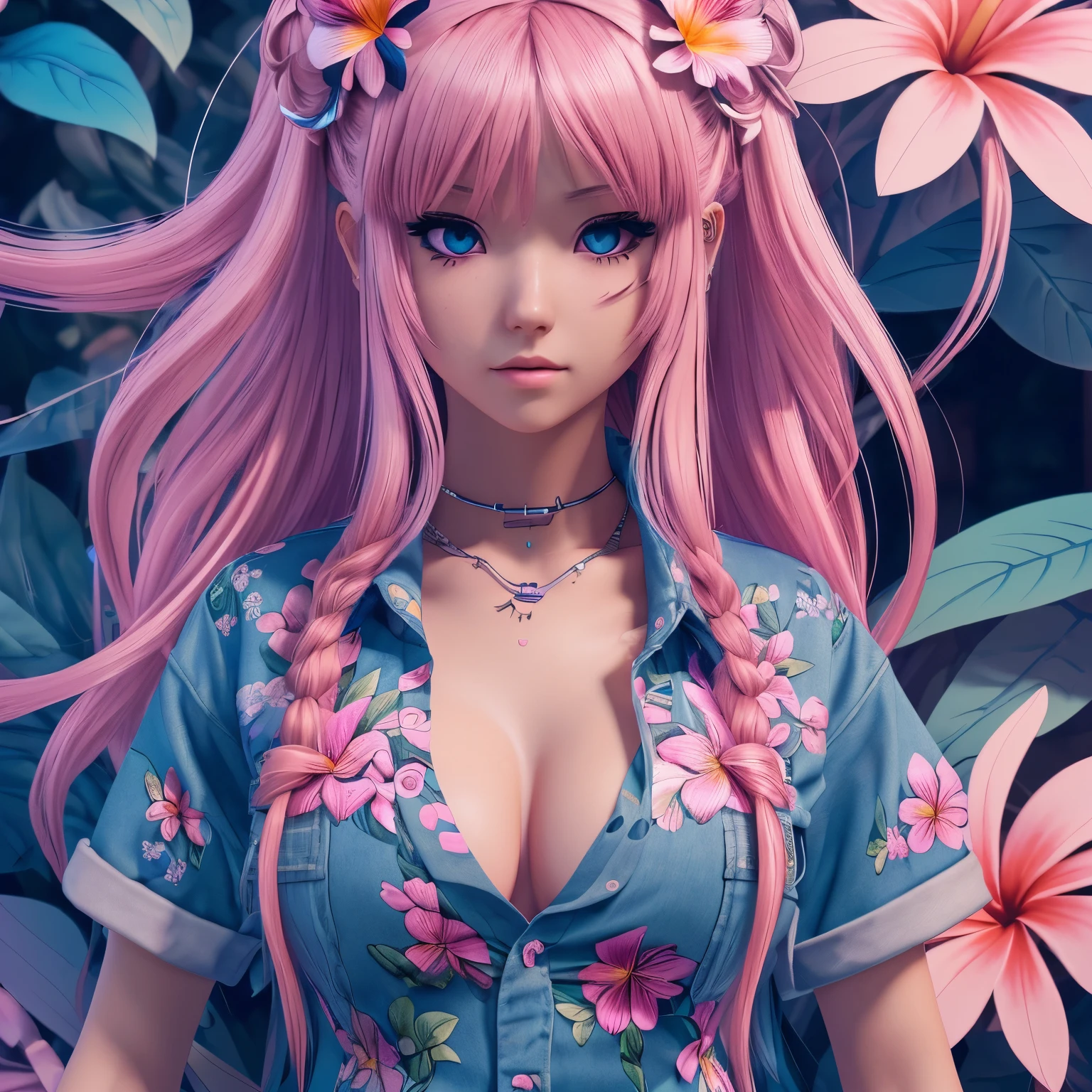 Masterpiece, best quality, (very detailed CG unity 8k wallpaper) (best quality), (best illustration), (best shadows), single female, full body, long pink hair, anime, very angry, large breasts, short sleeve button up hawaiian shirt with flowers, jean shorts, trippy background, lots of neon colours, edgy, piercings