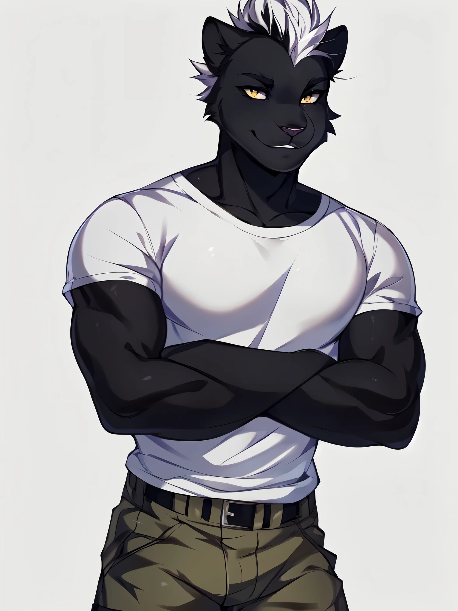 Solo:1.4, black panther male, masculine, muscular, yellow eyes, white hair, faux hawk, black nose, wearing white t shirt, khaki shorts, smiling, trendy style clothes, standing, by fumiko, by hyattlen, white background, no background, portrait, full body shot, arms crossed,