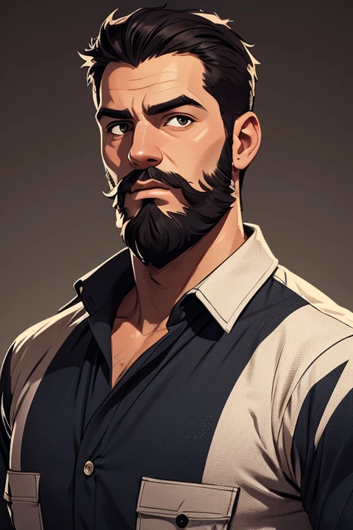 male mechanic with scruffy beard and short hair wearing a loose shirt, looking towards the camera, high contrast and sharp details, half body portrait, solid background