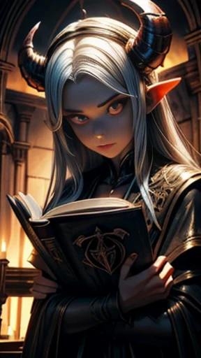 ((obra-prima)), ((melhor qualidade)), ((cinematic lighting): 1.0), ((medium close-up): 1.0)uma bruxa, (cabelo branco: 1.0), pale skin, olhos vermelhos, holding an open grimoire. ((Behind her, various demonic creatures look at the book, preparing to leave your hellish prison): 1.2), ((several demons): 1.2), ((criaturas no fundo da cena))
