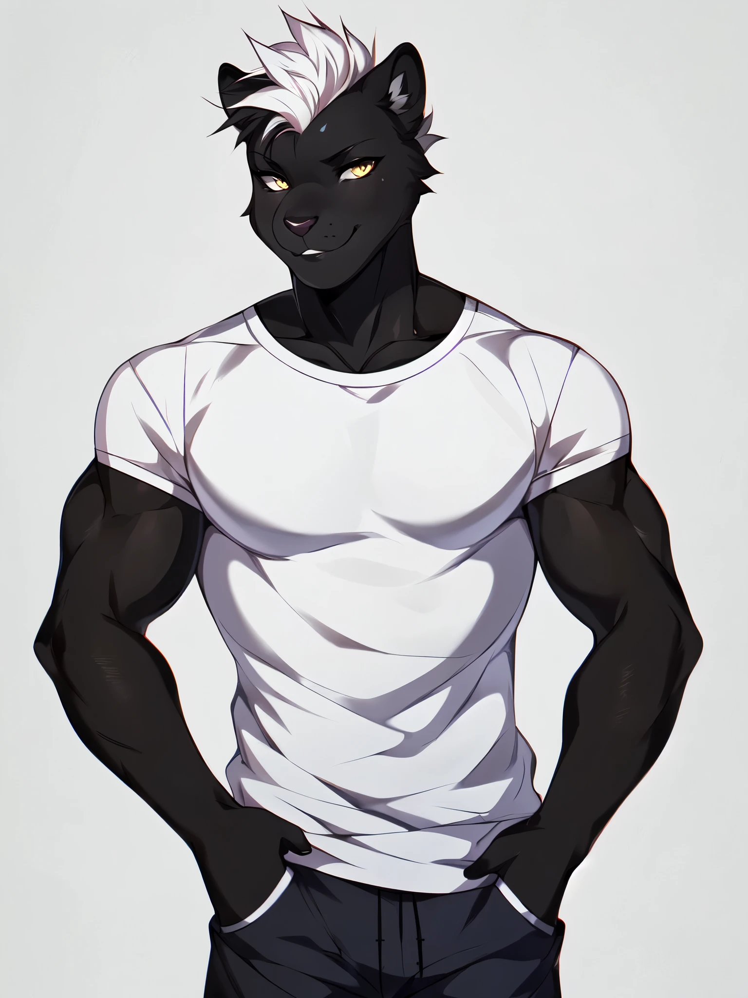 Solo:1.4, black panther male, masculine, muscular, yellow eyes, white hair, faux hawk, black nose, wearing white t shirt, khaki shorts, smiling, trendy style clothes, standing, by fumiko, by hyattlen, white background, no background, portrait, full body shot, arms crossed, 