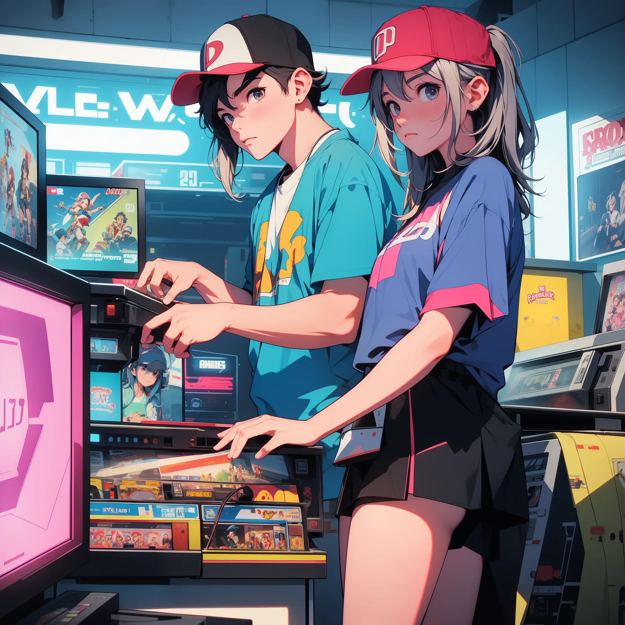 A transverse isometric arcade game, 80's video store, sonico, blockbuster, jogo dos anos 1980, nostalgic and cool showing a single machine