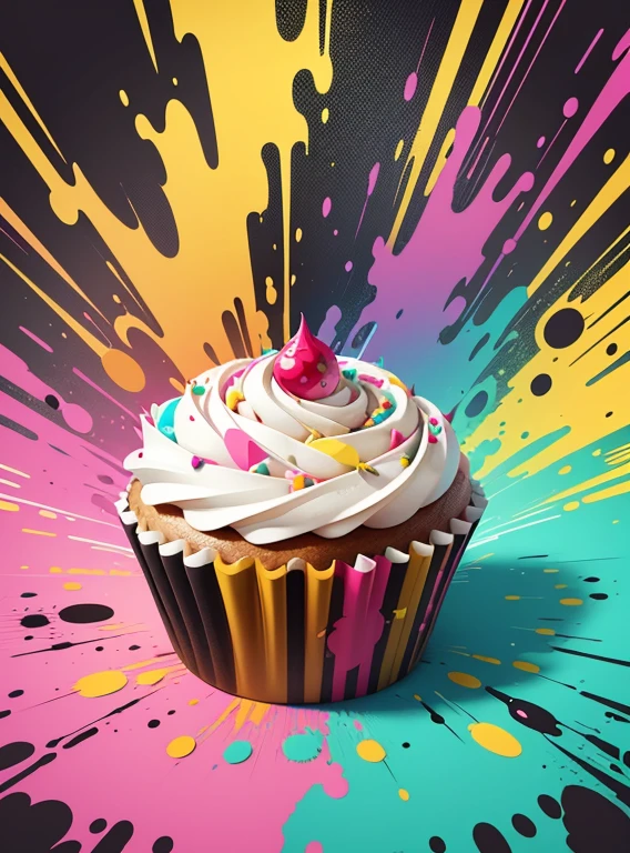 vector art, Colorful illustration with graffiti cupcake, in the center, Bright colors, paint splashes and blots, high detail, whitebackground