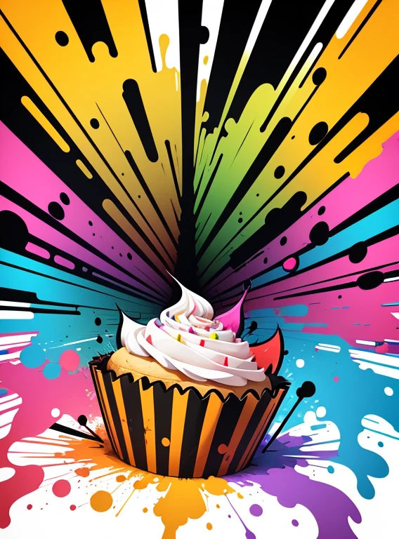 vector art, Colorful illustration with graffiti cupcake, in the center, Bright colors, paint splashes and blots, high detail, whitebackground