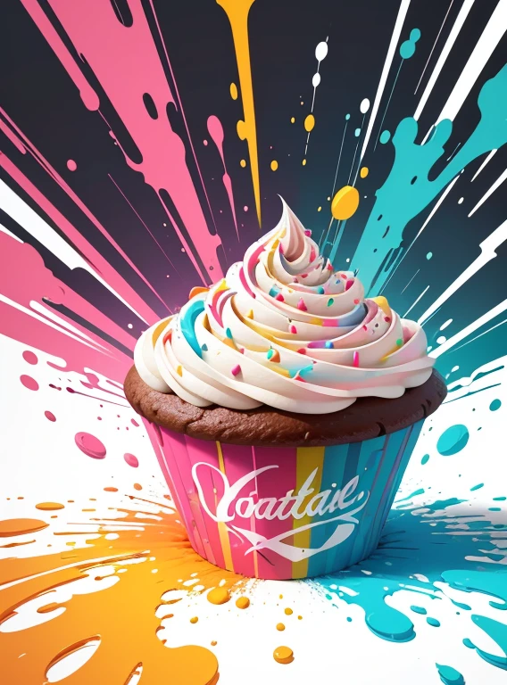 vector art, Colorful illustration with graffiti cupcake, in the center, Bright colors, paint splashes and blots, high detail, whitebackground