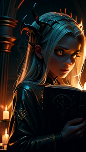 ((obra-prima)), ((melhor qualidade)), ((cinematic lighting): 1.0), ((medium close-up): 1.0)uma bruxa, cabelo branco, pale skin, olhos vermelhos, holding an open grimoire. ((Behind her, various demonic creatures look at the book, preparing to leave your hellish prison): 1.2), ((lots of demons around): 1.2)