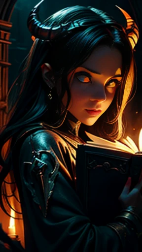 ((obra-prima)), ((melhor qualidade)), ((cinematic lighting): 1.0), ((medium close-up): 1.0)uma bruxa, cabelo branco, pale skin, olhos vermelhos, holding an open grimoire. ((Behind her, various demonic creatures look at the book, preparing to leave your hellish prison): 1.2), ((lots of demons around): 1.2)