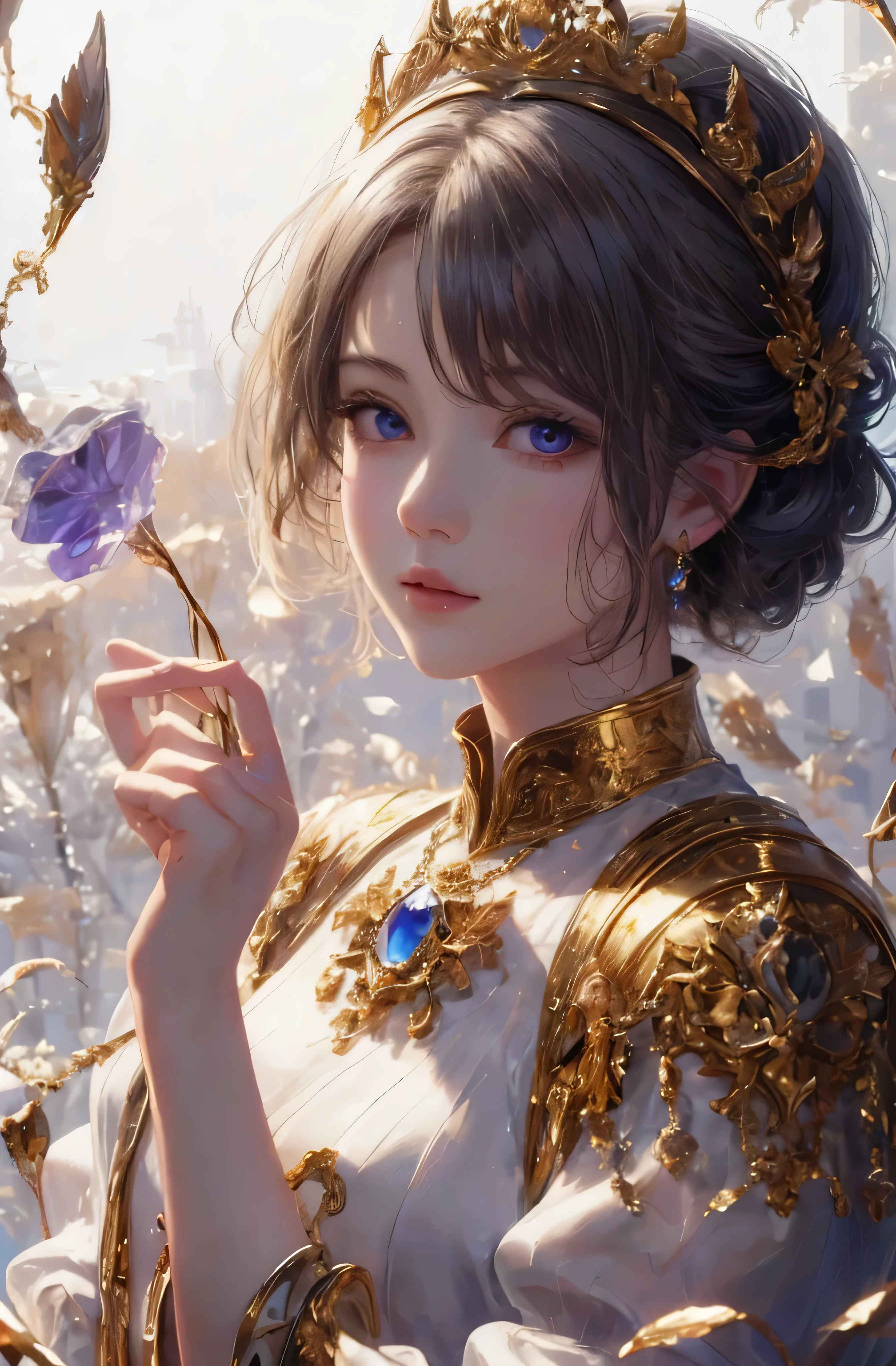 You can see the castle、Looking at the camera、face is front、profile、8k、real photo、Super high resolution, master parts, highest quality, cinematic images,nice girl、Ann、16 only、Annグロサクソン、double eyelid、drooping eyes、very big eyes、Eyes are purple、dark eye shadow、lips are very thin、The tip of the nose stretches beautifully.、small nostrils,,,,, highly detailed face , silver hair、straight short hair、smile、 sweet expression 、)、Very clear shadows , gem , detailed eye, very complicated expression, shiny skin , パーフェクトブリリAnnト, perfect lighting, dramatic shadow、White tiara on head、Gold necklace around the neck、aristocratic dress with gold embroidery、Angel wings
