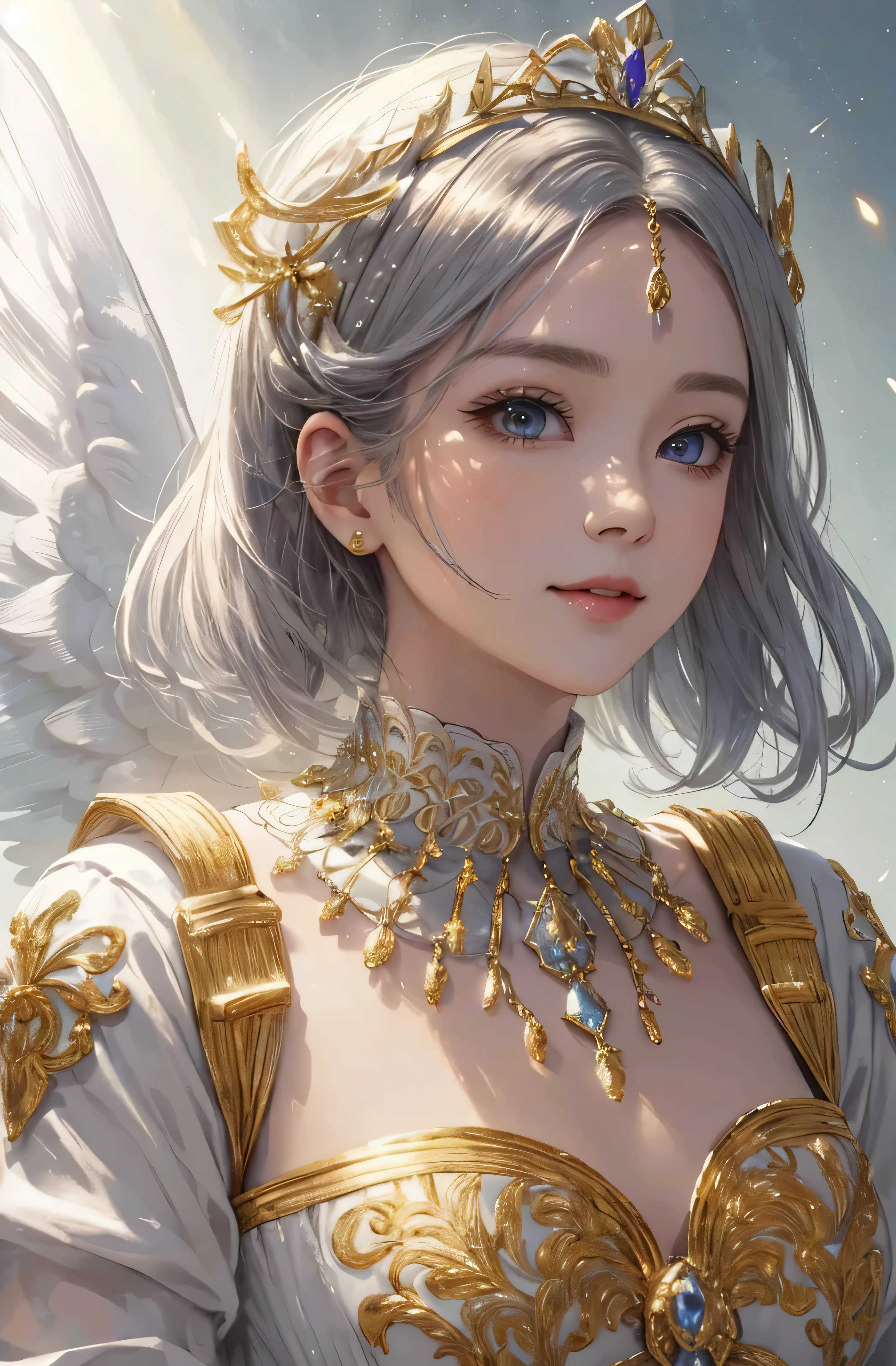 You can see the castle、Looking at the camera、face is front、profile、8k、real photo、Super high resolution, master parts, highest quality, cinematic images,nice girl、Ann、16 only、Annグロサクソン、double eyelid、drooping eyes、very big eyes、Eyes are purple、dark eye shadow、lips are very thin、The tip of the nose stretches beautifully.、small nostrils,,,,, highly detailed face , silver hair、straight short hair、smile、 sweet expression 、）、Very clear shadows , gem , detailed eye, very complicated expression, shiny skin , パーフェクトブリリAnnト, perfect lighting, dramatic shadow、White tiara on head、Gold necklace around the neck、aristocratic dress with gold embroidery、Angel wings
