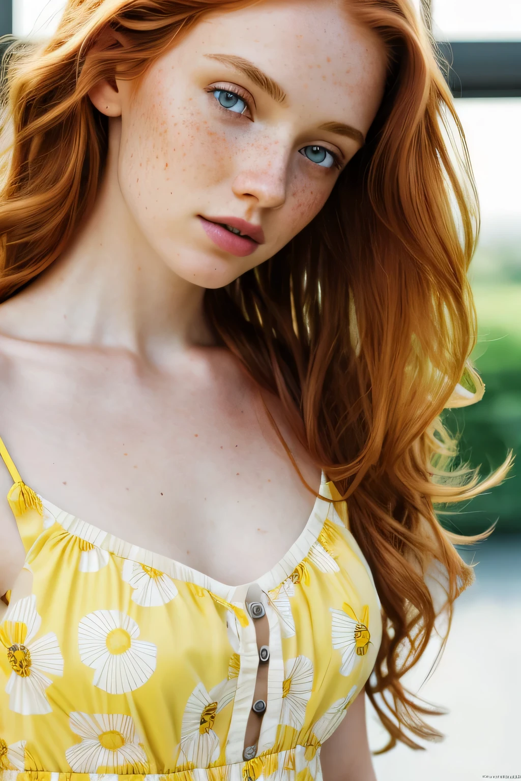 selfie, 1girl in, 19, Solo, Aesthetic artwork, irish redhead, wavy ginger hair, shoulder length ginger hair, (gray eyes), light grey eyes, some small freckles, pale skin, A-cup, small breasts, runners body, detailed skin texture, (extremely detailed 8k wallpaper), soft lighting, high quality, film grain, Fujifilm XT3 sharp focus, f 5.6, 50mm, High Detail, Sharp focus,(natural light), (wearing a yellow sundress), yellow sundress, (wearing yellow sundress), crazy details, complex details, hyper detailed
