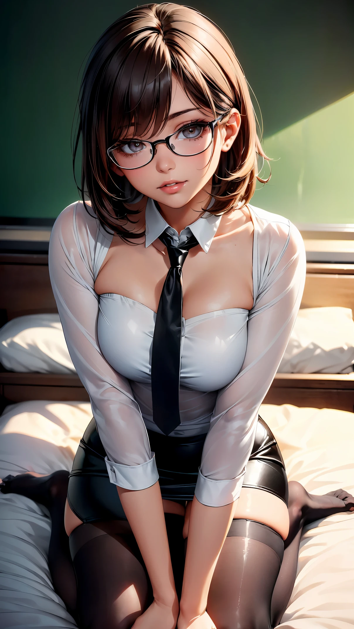(highest quality, 4K, High resolution, masterpiece:1.2), Super detailed, portrait, bright colors, soft lighting, ((1 female, female teacher, adult sex appeal)), super cute face, (anime), (brown hair:1.2, short hair, Glasses), sexy pose, detailed eyes and lips, beautiful face, laid-back vibes, Golden Highlights, delicate features, body art, latex costume, playful expression, ((black office dress, white shirt, black tight skirt, 40 denier stockings:1.5, Feet Pose)), natural makeup, long eyelashes, shiny hair, asymmetrical bangs, cute face, beautiful and fine eyes, beautiful clavicle, beautiful body, Feet Pose, beautiful breasts, beautiful thighs, bright smile, Teasing gaze, provocative, erotic, attractive, pure elegance, attractiveな魅力, attractive曲線, Artistic composition, Gentle curves, ((Background of the infirmary, on the bed, Feet Pose)), Seductive thighs, looking at me, center image, Subtle sensuality, subtle makeup, soft tones, Feet Pose