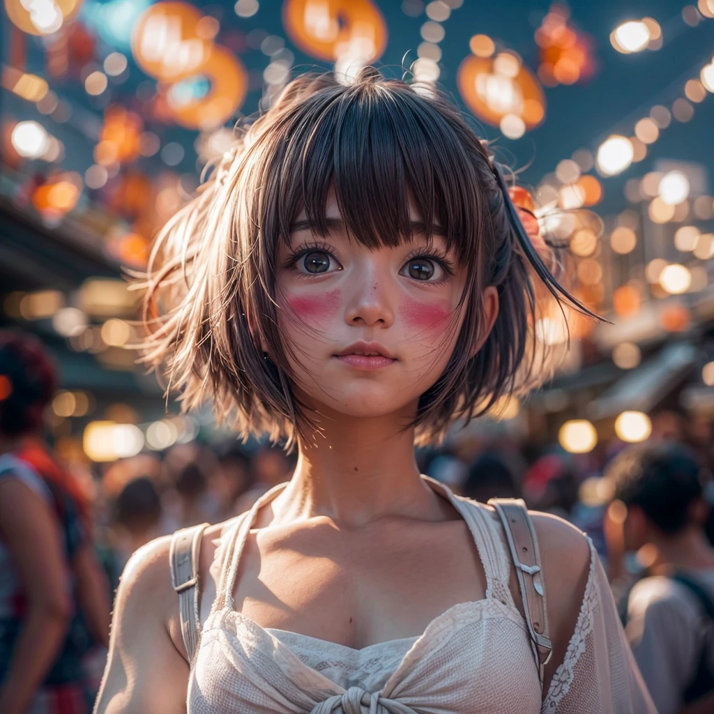 ((NSFW:-1)), (((nipple:-0.99))), ((Acutance:0.85)), (((from below)), The Sky takes up more than third of the composition ) . The background is the downtown area at (Twilight:1.4), (((Red-dyed clouds above hed:1.3))), { (many colorful Lights:1.2) | lens flare | Burning | heyz | (luminous Particles) | Mystic sight } . (Masterpiece:1.2) of professional Analog photo with Hasselblad, (((realistic and photorealistic with touch of rawness:1.37))), physically-based 3D rendering with ultra-detailed. ((( A KAWAII girl in WHITE Fundoshi, at Hakata Gion Ymakasa Festival ))) . (((from below:1.2, bokeH))), Assfocus and she looking ahead .