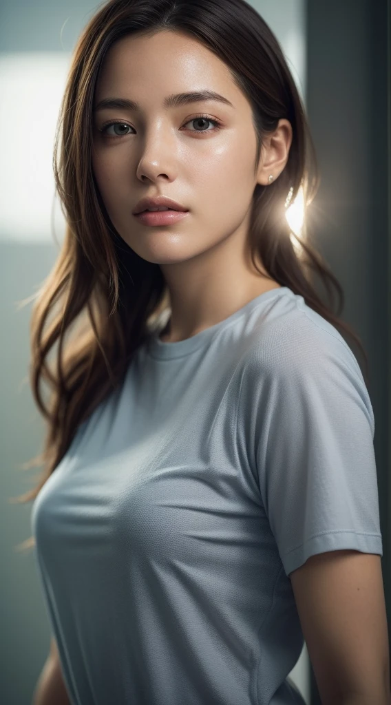 dressed, (photo realistic:1.4), (hyper realistic:1.4), (realistic:1.3), (smoother lighting:1.05), (increase cinematic lighting quality:0.9), 32K, 1girl,20yo girl, realistic lighting, backlighting, light on face, ray trace, (brightening light:1.2), (Increase quality:1.4), (best quality real texture skin:1.4), finely detailed eyes, finely detailed face, finely quality eyes, (tired and sleepy and satisfied:0.0), face closeup, t-shirts, (Increase body line mood:1.1), (Increase skin texture beauty:1.1)