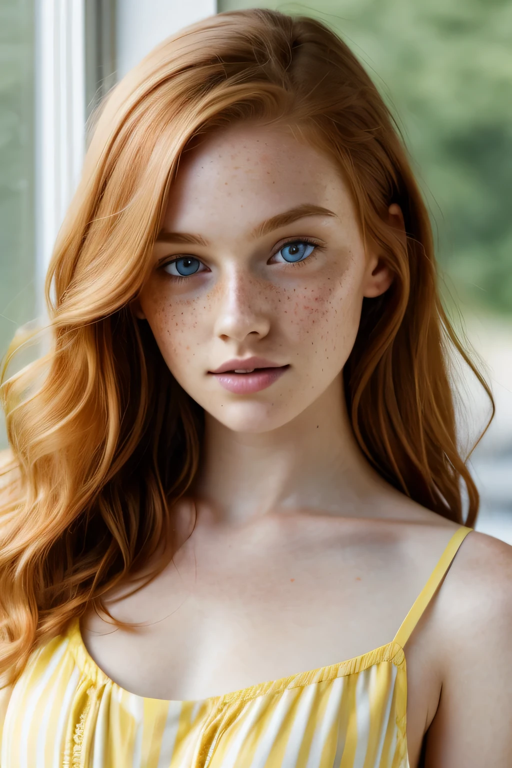 selfie, 1girl in, 19, Solo, Aesthetic artwork, irish redhead, wavy ginger hair, shoulder length ginger hair, (gray eyes), light grey eyes, some small freckles, pale skin, A-cup, small breasts, runners body, detailed skin texture, (extremely detailed 8k wallpaper), soft lighting, high quality, film grain, Fujifilm XT3 sharp focus, f 5.6, 50mm, High Detail, Sharp focus,(natural light), (wearing a yellow sundress), yellow sundress, (wearing yellow sundress), crazy details, complex details, hyper detailed