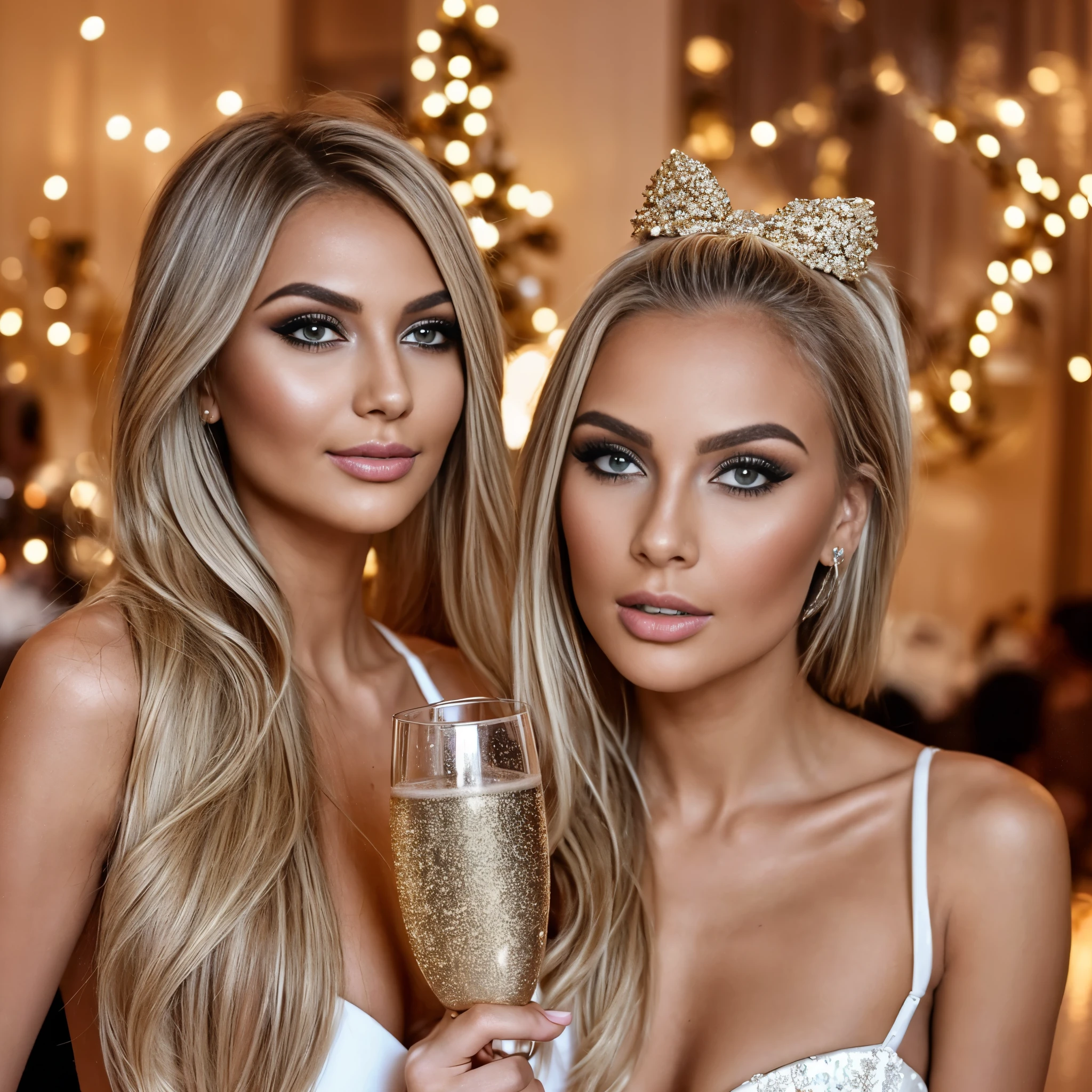 seed 3258700984 celebrating new years eve party, luxury, glamourous, she drinks champagne, white girl, make her skin lighter, big full lips, beauty style 2023, she is 23 year old instagram influencer, blond hair