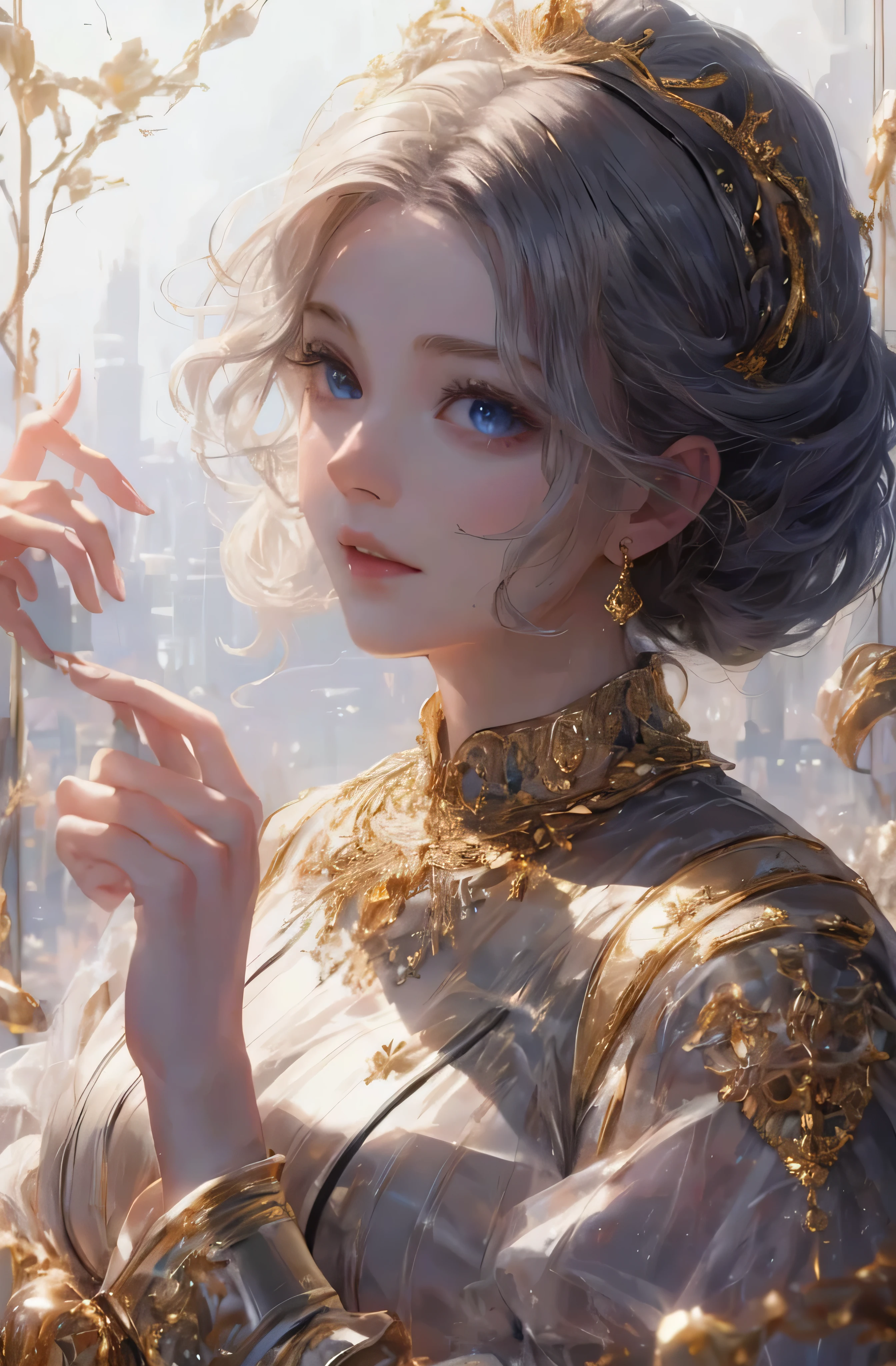 You can see the castle、Looking at the camera、face is front、profile、8k、real photo、Super high resolution, master parts, highest quality, cinematic images,nice girl、Ann、16 only、Annグロサクソン、double eyelid、drooping eyes、very big eyes、Eyes are purple、dark eye shadow、lips are very thin、The tip of the nose stretches beautifully.、small nostrils,,,,, highly detailed face , silver hair、straight short hair、smile、 sweet expression 、)、Very clear shadows , gem , detailed eye, very complicated expression, shiny skin , パーフェクトブリリAnnト, perfect lighting, dramatic shadow、White tiara on head、Gold necklace around the neck、aristocratic dress with gold embroidery、Angel wings
