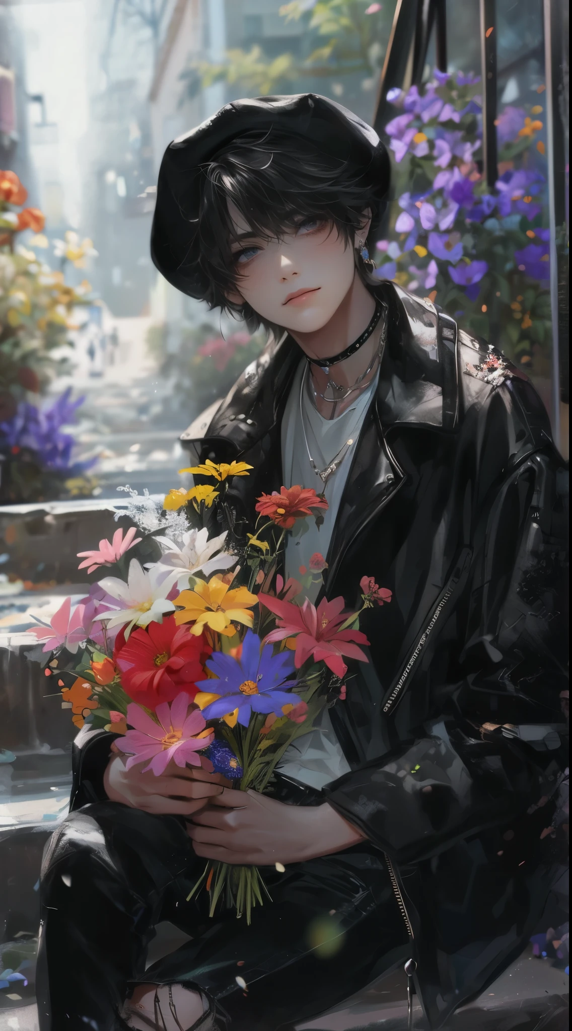 Beautiful young man, short black hair, beret, black leather jacket, holding colorful bouquet of flowers, cloudy background, sitting on stairs, high quality, amount of drawing, pixiv illustration