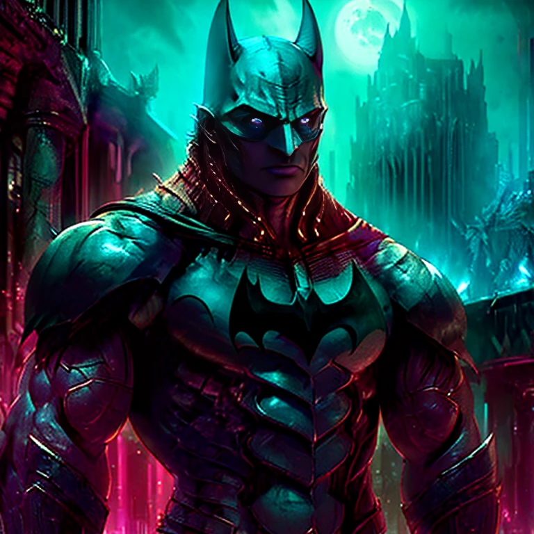 Batman from the dark knight stands imposing in a gothic lost city. Moonlight highlights your muscles and scars. The scenery is lush and mysterious, with futuristic tech and surroundings. The camera details everything, a warrior woman, in front of him.