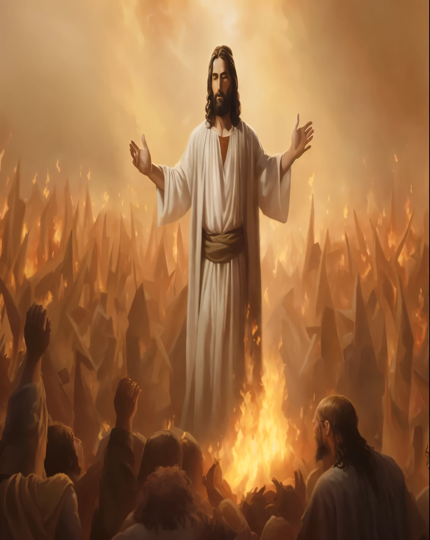 arafed image of jesus standing in front of a crowd of people, the lord and savior, fire behind him, jesus christ, fire and brimstone, jon mcnaughton, bible illustration, he is greeting you warmly, holy flame spell, second coming, hell and heaven, standing in hell, epic biblical depiction, satan in hell, young almighty god