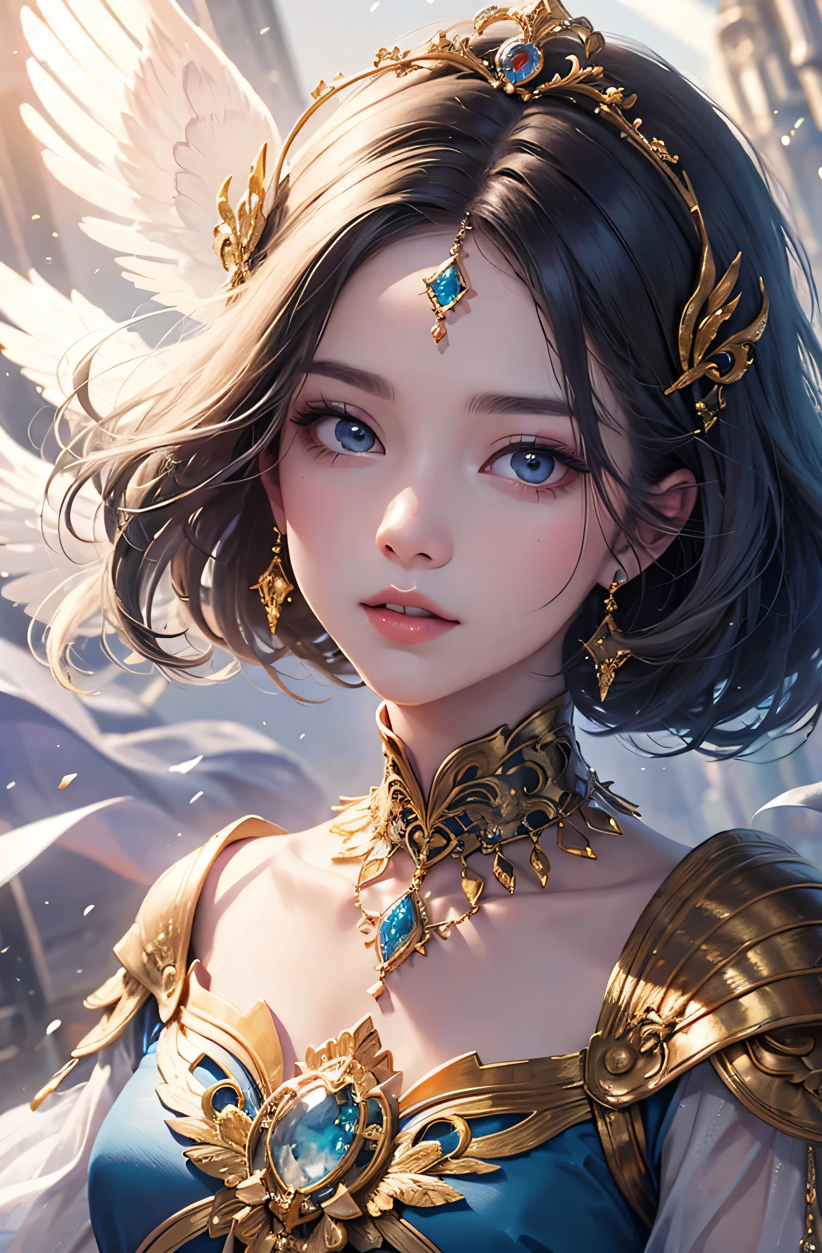 You can see the castle、Looking at the camera、face is front、profile、8k、real photo、Super high resolution, master parts, highest quality, cinematic images,nice girl、Ann、 only、Annグロサクソン、double eyelid、drooping eyes、very big eyes、Eyes are purple、dark eye shadow、lips are very thin、The tip of the nose stretches beautifully.、small nostrils,,,,, highly detailed face , silver hair、straight short hair、smile、 sweet expression 、)、Very clear shadows , gem , detailed eye, very complicated expression, shiny skin , パーフェクトブリリAnnト, perfect lighting, dramatic shadow、White tiara on head、Gold necklace around the neck、aristocratic dress with gold embroidery、Angel wings