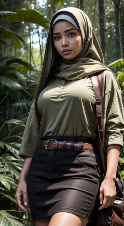 RAW, Best quality, high resolution, masterpiece: 1.3), beautiful Malay woman in hijab (iu:0.8),Best quality, high resolution, Masterpiece: 1.3, Beautiful hijabi malay girl, Masterpiece, Soft smile, Realistic, 1girl, charming eyes, glowing eyes,parted lips, big breast, Beautiful adult woman in hijap, full-length, beautiful figure, aesthetics of the female body, savage from the islands, hunter of mysterious creatures, observing the creature, in ambush, studying the creature found, in ranger clothes, with a large backpack, detailed clothes, many pockets, many belts, everything is hung with gadgets, catches small mysterious creatures, hunts small creatures, mysterious forest, beautiful forest, nature surrounded by flowers, tender leaves and branches surrounded by fireflies (natural elements), (jungle theme), (leaves), (branches), (fireflies), (particle effects), etc.3D Octane rendering, ray tracing, super detailing viewer, closeup