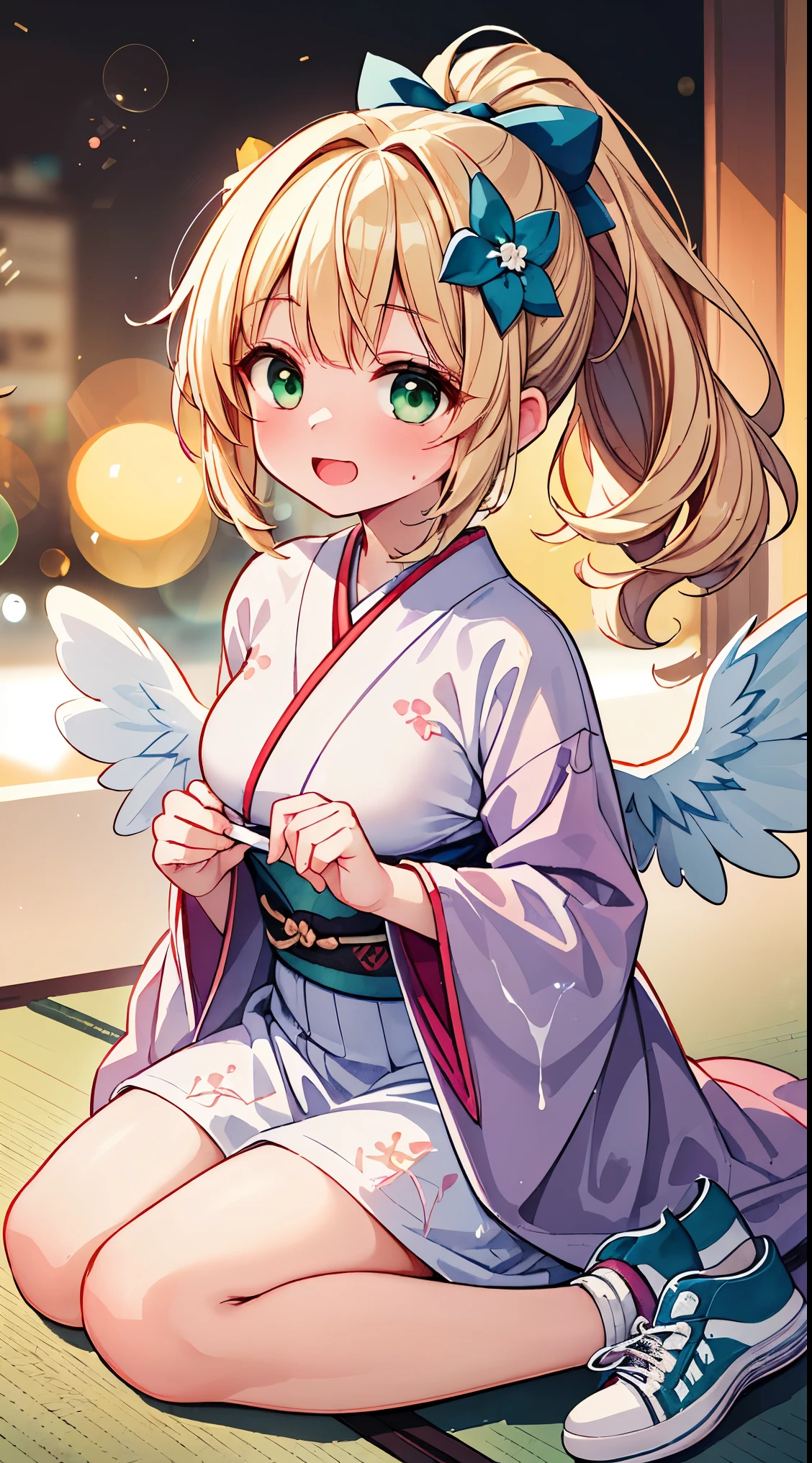 (masterpiece, top quality, best quality, official art, beautiful and aesthetic:1.2),ultra-detailed,intricate details,amazing illustration,award-winning art,atmospheric,
BREAK, 1 beautiful girl, girl, (cute:1.5),(Little:0.5),(cute:2.0),(change:2.0),( girl),(big breasts:1.65),(chin hair,blonde,blue bow,green eyes,Eyebrows visible through the hair,side lock,long hair with bangs parted, hair flower, hair ornaments, big ribbon in hair, curly hair, ponytail:1.6),:he, white feathers, one thin white wing, Ang he wings, spread your wings, shining wings),pit \black},glowing skin, beautiful skin, Shining beautiful skin, open your mouth, bashful smile, alone, tooth, upper teeth,(long eyheashes, double eyheids:1.2),alone, glowing skin, beautiful skin, Shining beautiful skin,(highest quality face),(highest quality shining eyes),(fun, happy wings fluttering:1.45), BREAK,
sitting, seiza, (green tea:1.2), (chasen, chado, sado, yunomi, chaki:1.3),centered, looking at viewer, hands on stomach
BREAK japanese clothes, kimono, flower printed kimono, long skirt
BREAK japanese room, tatami, shou BREAK,wakame,wakame,wakame,(Cowboy Shot:1.4),
BREAK,(Blurry background:1.3),(absurderes, hight resolution, Super Detail Art),cel shading,Clear Color, Lonely optical effect, Beautiful pictures, Bright glow, mystic atmosphere,(Close-up of girl:1.1), Mystical light particle effect,manga influence, clean line drawings,