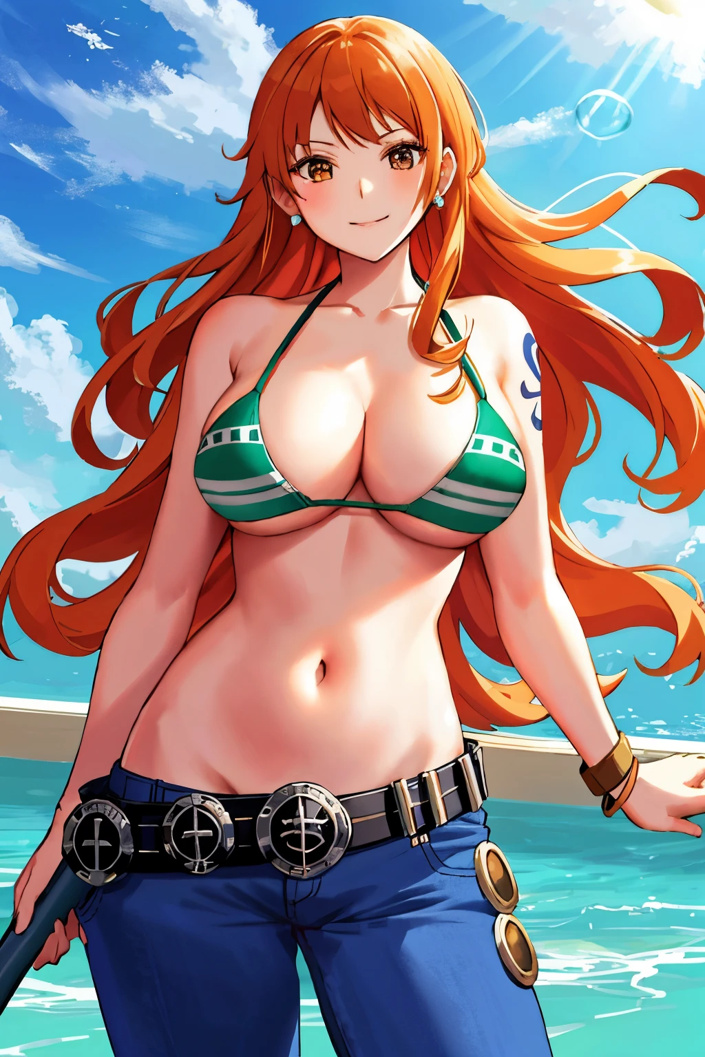 detailed background, masterpiece, best quality, 1girl, solo, nami \(one piece\), 1girl, bangle, bangs, bare shoulders, belt, bikini, bikini top only, blue sky, bracelet, breasts, brown eyes, bubble, cleavage, cloud, cowboy shot, day, denim, earrings, floating hair, green belt, green bikini, groin, jeans, jewelry, large breasts, log pose, long hair, looking at viewer, navel, orange hair, pants, shoulder tattoo, sidelocks, sky, smile, solo, standing, stomach, swimsuit, tattoo , looking at viewer