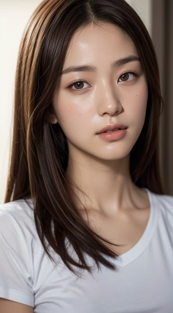 dressed, (photo realistic:1.4), (hyper realistic:1.4), (realistic:1.3), (smoother lighting:1.05), (increase cinematic lighting quality:0.9), 32K, 1girl,20yo girl, FACIAL MIX OF KOREAN ACTRESS Kang Mina, realistic lighting, backlighting, light on face, ray trace, (brightening light:1.2), (Increase quality:1.4), (best quality real texture skin:1.4), finely detailed eyes, finely detailed face, finely quality eyes, (tired and sleepy and satisfied:0.0), face closeup, t-shirts, (Increase body line mood:1.1), (Increase skin texture beauty:1.1)
