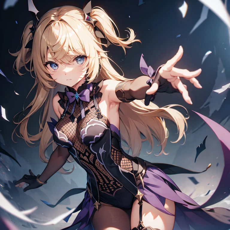 dark glove on raised arm, bare hand on lowered arm