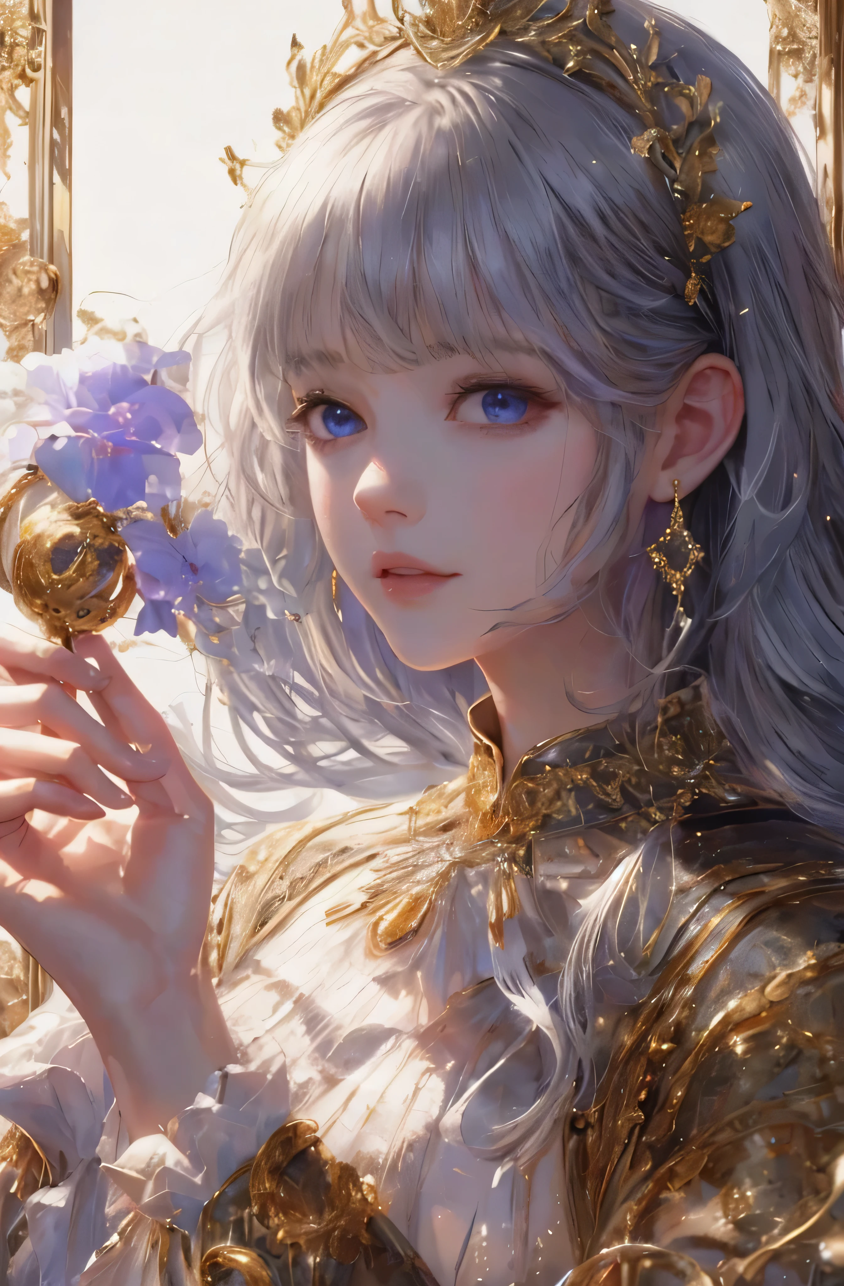 You can see the castle、Looking at the camera、face is front、profile、8k、real photo、Super high resolution, master parts, highest quality, cinematic images,nice girl、Ann、 only、Annグロサクソン、double eyelid、drooping eyes、very big eyes、Eyes are purple、dark eye shadow、lips are very thin、The tip of the nose stretches beautifully.、small nostrils,,,,, highly detailed face , silver hair、straight short hair、smile、 sweet expression 、)、Very clear shadows , gem , detailed eye, very complicated expression, shiny skin , パーフェクトブリリAnnト, perfect lighting, dramatic shadow、White tiara on head、Gold necklace around the neck、aristocratic dress with gold embroidery、Angel wings