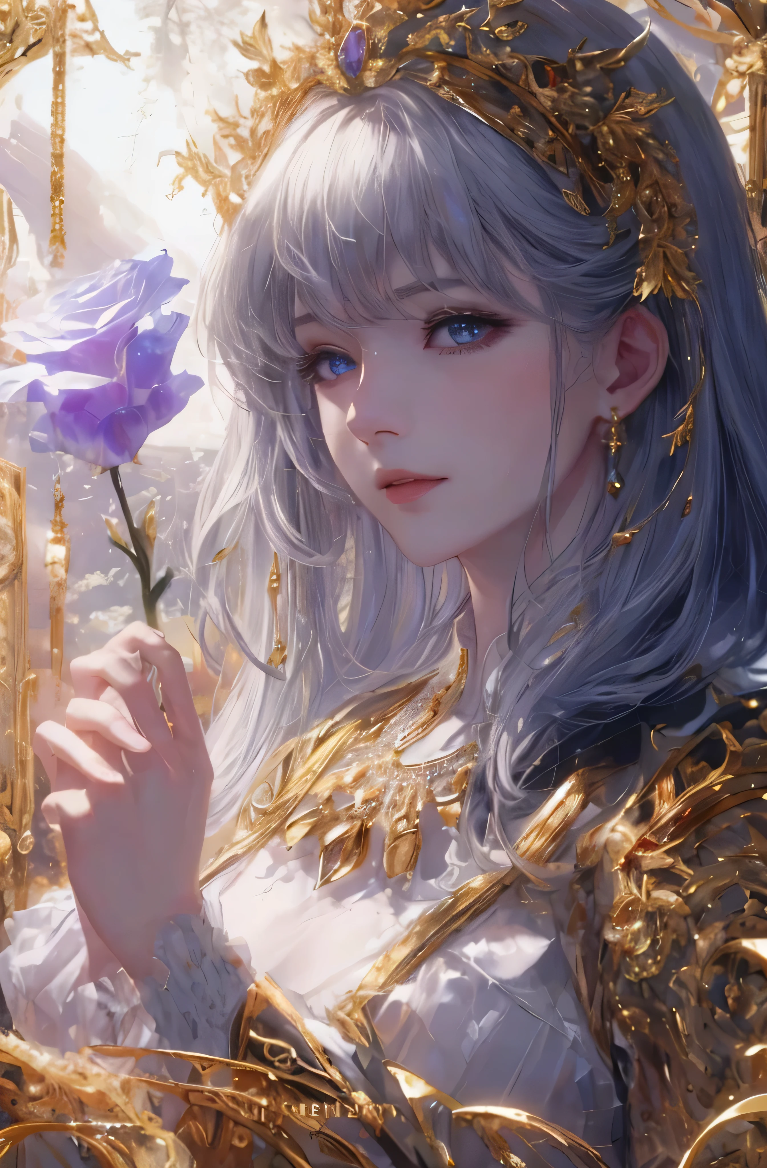 You can see the castle、Looking at the camera、face is front、profile、8k、real photo、Super high resolution, master parts, highest quality, cinematic images,nice girl、Ann、16 only、Annグロサクソン、double eyelid、drooping eyes、very big eyes、Eyes are purple、dark eye shadow、lips are very thin、The tip of the nose stretches beautifully.、small nostrils,,,,, highly detailed face , silver hair、straight short hair、smile、 sweet expression 、）、Very clear shadows , gem , detailed eye, very complicated expression, shiny skin , パーフェクトブリリAnnト, perfect lighting, dramatic shadow、White tiara on head、Gold necklace around the neck、aristocratic dress with gold embroidery、Angel wings
