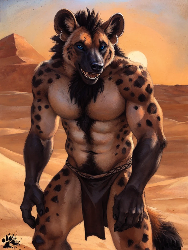 solo, anthro, Gnoll, male, mane fades to red, muscular, sexy, lustful expression, shaggy fur, thick fur, hyena tail, long penis imprint visible under tribal loincloth, loose tribal clothing, realistic clothing, sexy pose, realistic fur, beautiful eyes, perfect eyes, symmetrical eyes, blue eyes, (black retinas:1.2), detailed background, sahara desert background, dusk, realistic, photorealistic, ultra realistic, 8k, (by blotch),