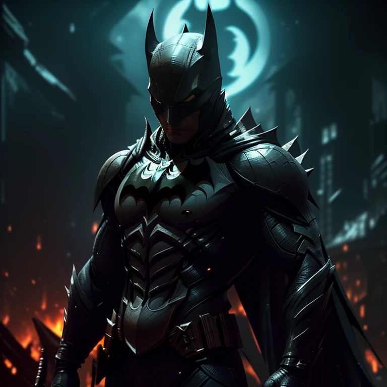 Batman from the dark knight stands but with spiderman outfit imposing in a gothic lost city. Moonlight highlights your muscles and scars. The scenery is lush and mysterious, with futuristic tech and surroundings. The camera details everything, a warrior woman, in front of him. Epic background with fire and explosions.