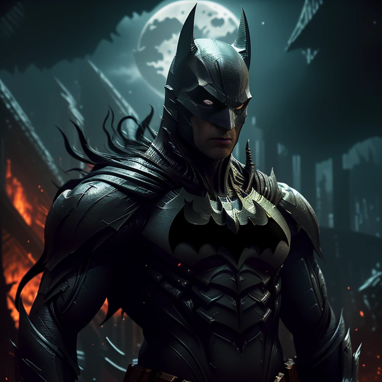 Batman from the dark knight stands but with spiderman outfit imposing in a gothic lost city. Moonlight highlights your muscles and scars. The scenery is lush and mysterious, with futuristic tech and surroundings. The camera details everything, a warrior woman, in front of him. Epic background with fire and explosions.