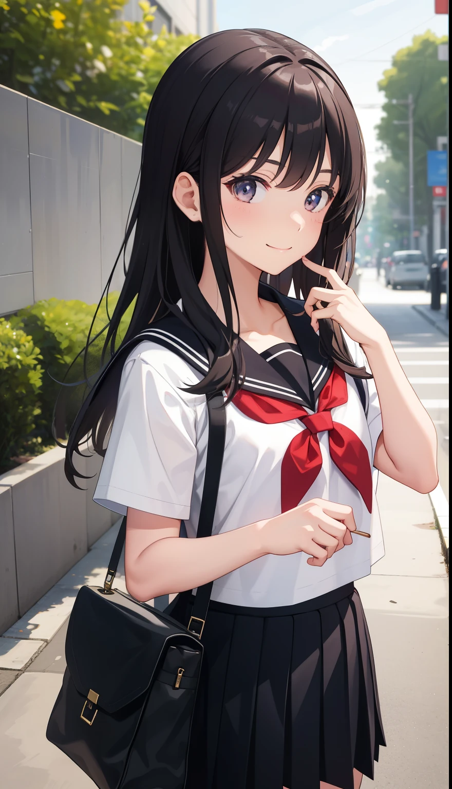1 girl、A sloppy smile、high school student、uniform、skirt、serafuku、summer clothes、(small breasts)、(upper body portrait)、backwards、