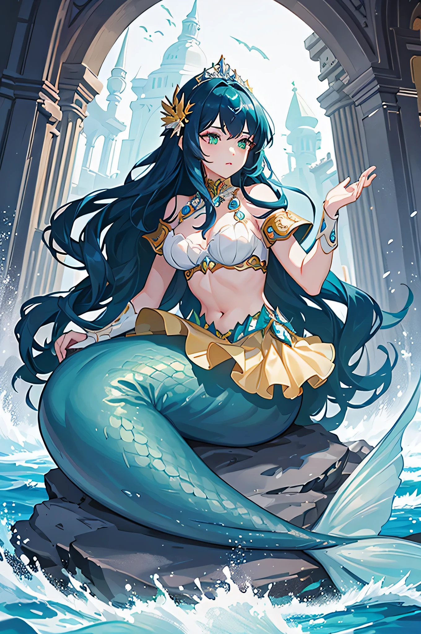 4K,High resolution,one woman,mermaid,dark blue hair,long hair,green eyes,big breasts,knight,armor made of shells,princess tiara,Jewelry Decoration,Pearl decoration,Long sword,underwater,Undersea Temple