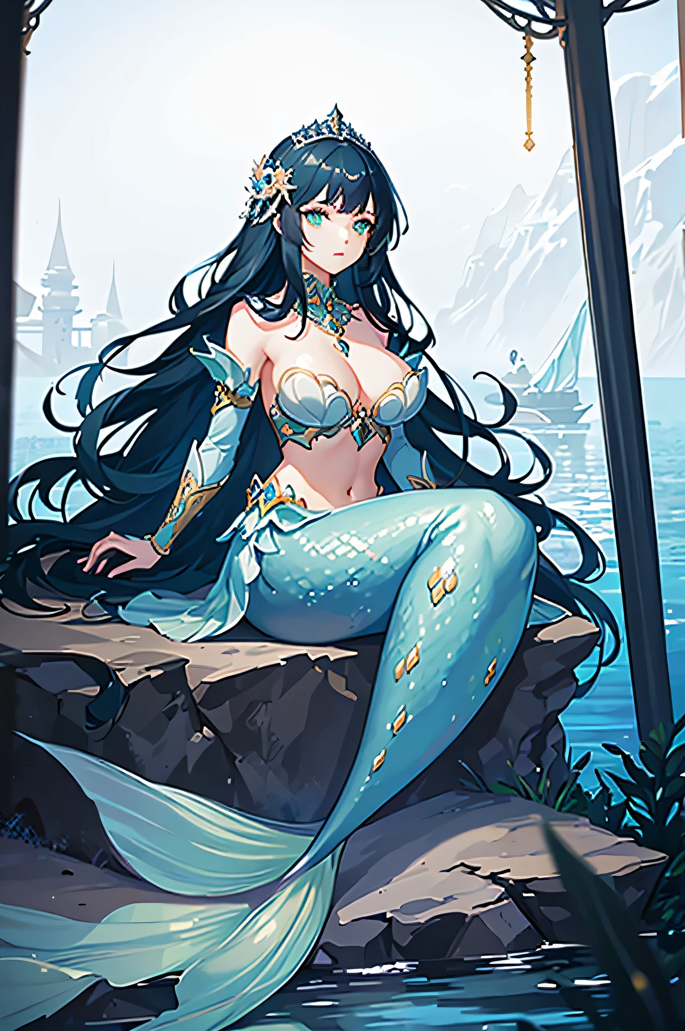 4K,High resolution,one woman,mermaid,dark blue hair,long hair,green eyes,big breasts,knight,armor made of shells,princess tiara,Jewelry Decoration,Pearl decoration,Long sword,underwater,Undersea Temple