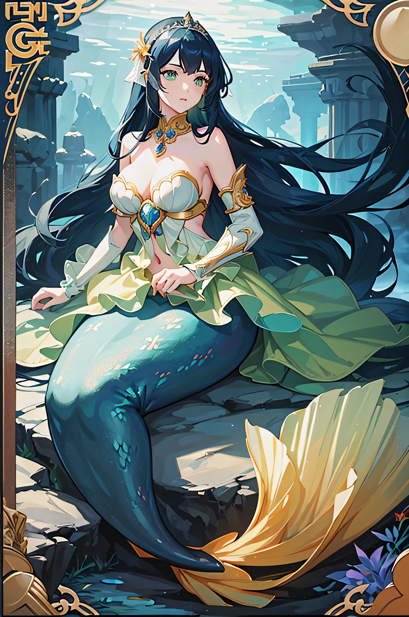 4K,High resolution,one woman,mermaid,dark blue hair,long hair,green eyes,big breasts,knight,armor made of shells,princess tiara,Jewelry Decoration,Pearl decoration,Long sword,underwater,Undersea Temple