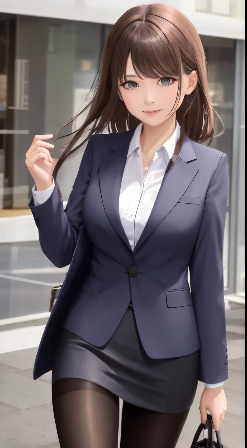 1024 x 1536(masterpiece), Maximum Quality, 1 girl, One, high ponytail, suit, jacket, split, mature woman, mother, medium breasts, lips, Looking at the viewer, standing, Коричневые tights, tights, Brown hair, Brown eyes, whole body, White shirt, collared shirt, smile, Closed mouth, business suit,