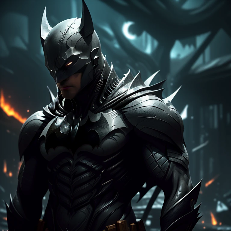 Batman with venom outfit. Moonlight highlights your muscles and scars. The scenery is lush and mysterious, with futuristic tech and surroundings. The camera details everything, a warrior woman, in front of him. Epic background with fire and explosions.