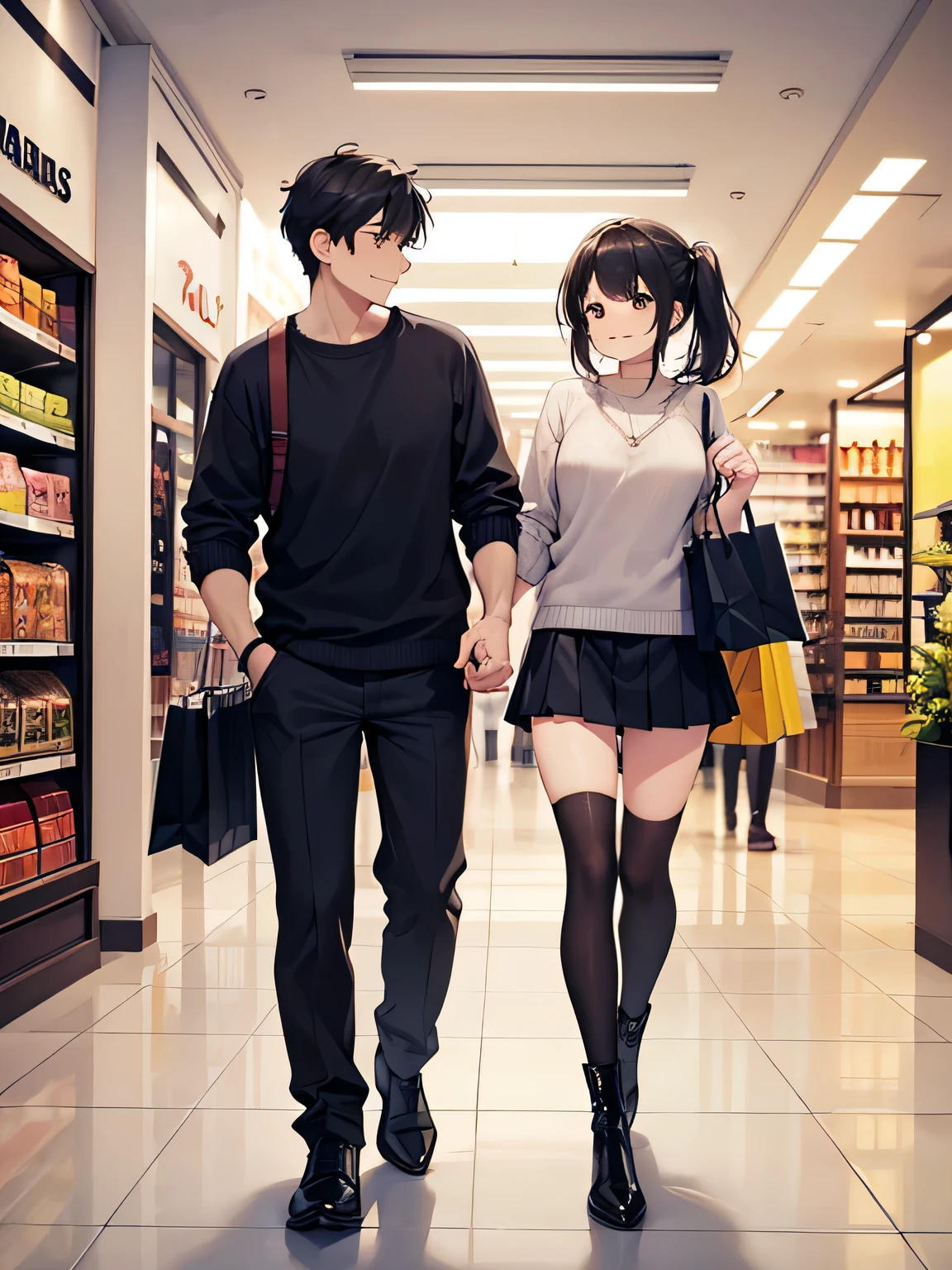 1,There are also male and female couples..
2,Two people enjoying shopping together.
3,Both are smiling and looking like they're having fun.
4,Women wear sexy knits and pleated miniskirts.、I'm wearing long boots on my feet。.
5,The man is wearing normal clothes、hair is braided, And he is carrying the woman's shopping luggage..
6,The location is the women's clothing section of a shopping mall..
7,The season is autumn.