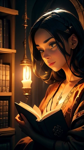 ((obra-prima)), ((melhor qualidade)), ((cinematic lighting): 1.0), ((medium close-up): 1.0)uma bruxa, (cabelo branco: 1.0), pale skin, olhos vermelhos, holding an open grimoire. ((Behind her, various demonic creatures look at the book, preparing to leave your hellish prison): 1.2), ((several demons): 1.2)