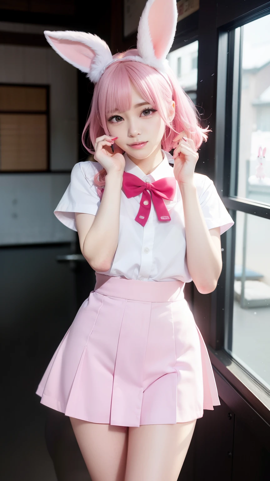 japanese school uniform、Pink rabbit ears、japanese sailor suit、uniform skirt、black skirt、white dress shirt、Panty shot、Japanese group idol、AKB48、Pants visible from skirt、open your legs、spread your legs、snow scene、winter scenery、Pink short cut hair、pink hair color、Pink rabbit ears stick out of the head、the woman is japanese、K-pop、cute face、Small underwear、muste piece、Transparent white skin、pink hair、Beautiful rabbit woman、Healthy five-fingered not ragged、Number of normal fingers、small breasts、short cut bob、不快感のないAnatomically correct number of fingers、beautiful nose、beautiful eyes、Rear view、Raise your ass and street、Pink short cut hair、(8K, highest quality, masterpiece:1.2), (real, photorealistic:1.37)、cute、Report、(A sloppy smile:1.15)、(smile)、small breasts、(short hair:1.2)、master piece、ピンクのshort cut bob、realなウサギの耳、ピンクのrealなウサギの耳、頭から突き出ているウサギのrealな耳、pink hair、A beautiful girl with a bewitching atmosphere、beautiful shaped hands、K-pop、Pink rabbit ears、1 girl、Report、masterpiece、highest quality、real、hyper detail、disorganized、短いpink hair、Slender beauties、dynamic lighting、High resolution、sharp focus、Depth of bounds written、(thick thighs:1.0)、slender :1.2,((short cut bobの髪))、((K-pop:1.3)),Highly detailed face and skin texture、((troublesome)),Anatomically correct number of fingers,correct anatomy
