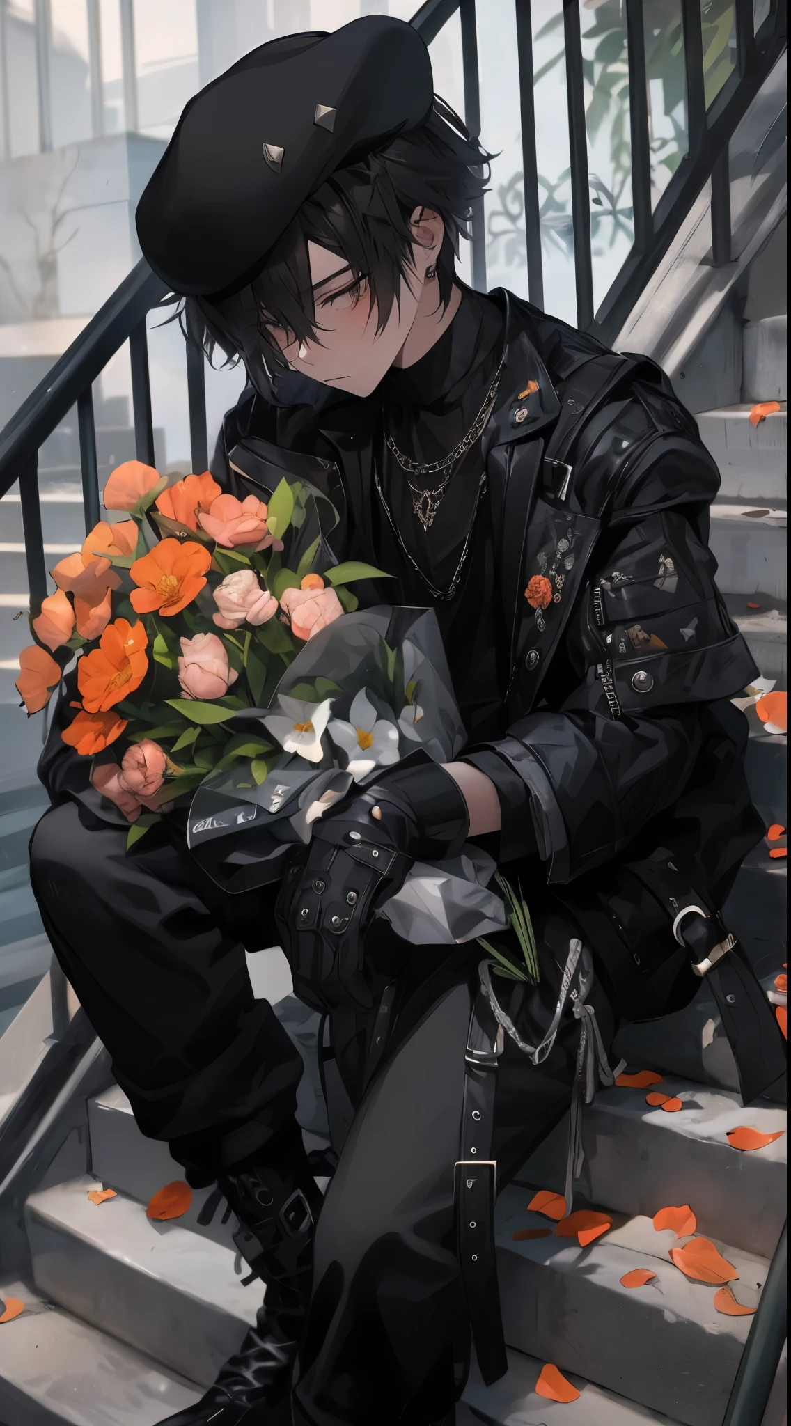 Beautiful young man, short black hair, beret, black leather jacket, holding colorful bouquet of flowers, cloudy background, sitting on stairs, high quality, amount of drawing, pixiv illustration