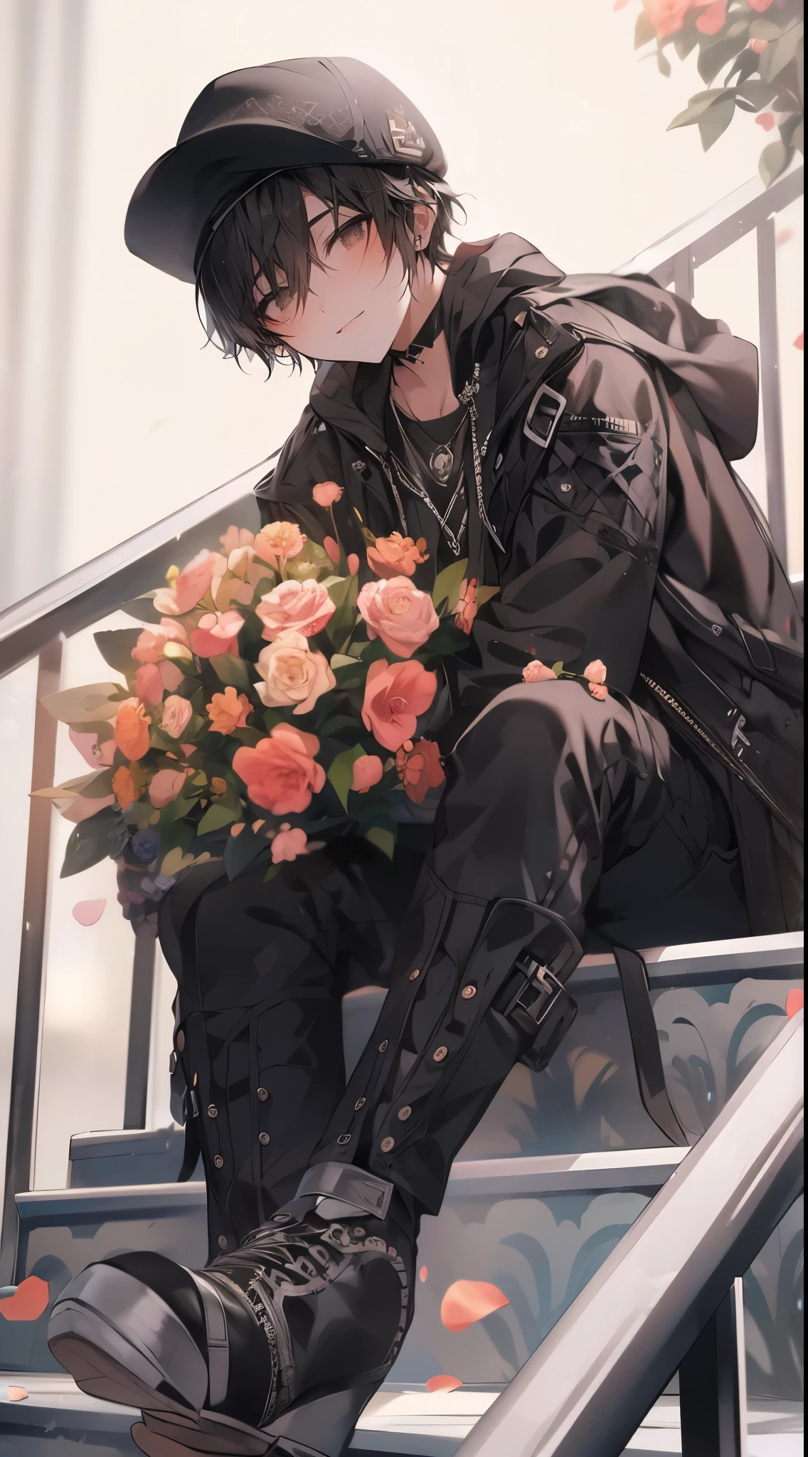 Beautiful young man, short black hair, beret, black leather jacket, holding colorful bouquet of flowers, cloudy background, sitting on stairs, high quality, amount of drawing, pixiv illustration