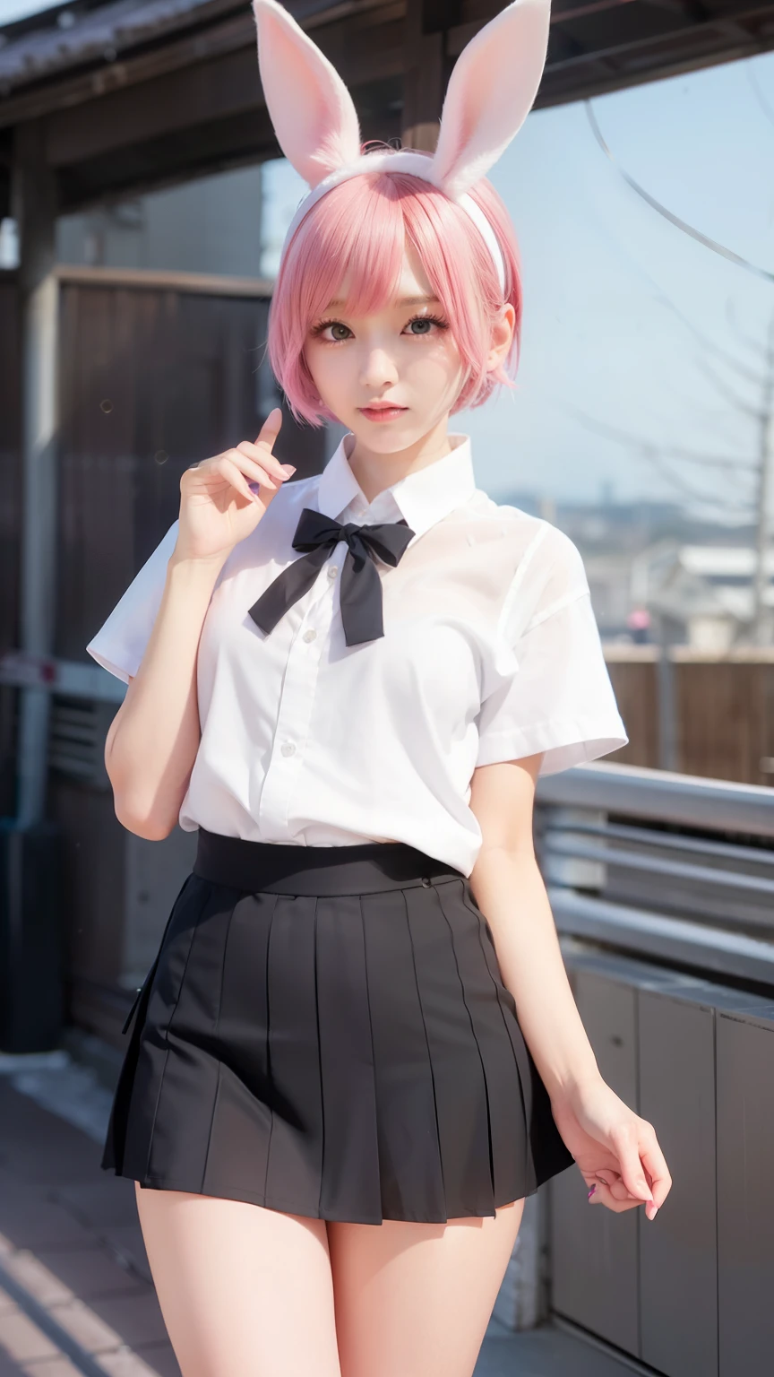Japan black school uniform、Pink rabbit ears、Black sailor suit in Japan、Black Uniform Skirt、black skirt、white dress shirt、Panty shot、Japanese group idol、AKB48、Pants visible from skirt、open your legs、spread your legs、snow scene、winter scenery、Pink short cut hair、pink hair color、Pink rabbit ears stick out of the head、the woman is japanese、K-pop、cute face、Small underwear、muste piece、Transparent white skin、pink hair、Beautiful rabbit woman、Healthy five-fingered not ragged、Number of normal fingers、small breasts、short cut bob、不快感のないAnatomically correct number of fingers、beautiful nose、beautiful eyes、Rear view、Raise your ass and street、Pink short cut hair、(8K, highest quality, masterpiece:1.2), (real, photorealistic:1.37)、cute、Report、(A sloppy smile:1.15)、(smile)、small breasts、(short hair:1.2)、master piece、ピンクのshort cut bob、realなウサギの耳、ピンクのrealなウサギの耳、頭から突き出ているウサギのrealな耳、pink hair、A beautiful girl with a bewitching atmosphere、beautiful shaped hands、K-pop、Pink rabbit ears、1 girl、Report、masterpiece、highest quality、real、hyper detail、disorganized、短いpink hair、Slender beauties、dynamic lighting、High resolution、sharp focus、Depth of bounds written、(thick thighs:1.0)、slender :1.2,((short cut bobの髪))、((K-pop:1.3)),Highly detailed face and skin texture、((troublesome)),Anatomically correct number of fingers,correct anatomy