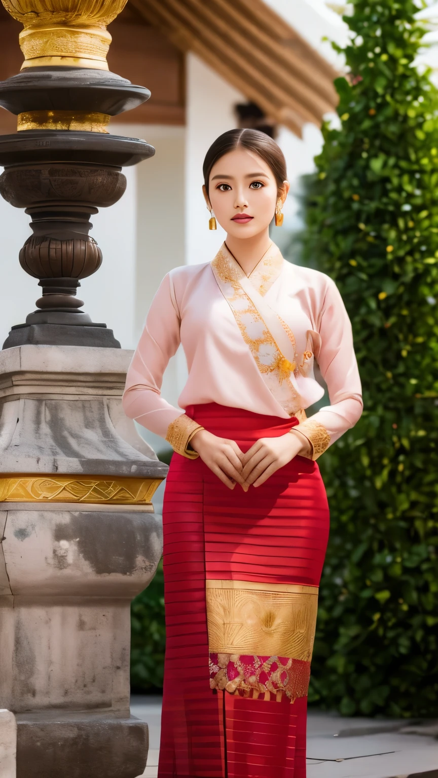 A high-resolution (4K+) photorealistic portrait of a stunning young woman embodying the elegance and cultural richness of Keng Tong Tai Khun traditions.
Age: Late s to early twenties
Ethnicity: Tai Khun
Features: Delicate yet defined facial features, expressive eyes with subtle makeup, radiant complexion.
Attire:
Keng Tong Tai Khun outfit:
Meticulously tailored and vibrant, showcasing the intricate embroidery, woven patterns, and luxurious fabrics characteristic of the region.
Full ensemble including:
Sao-Dok Kham: Long, fitted skirt with cascading tiers adorned with gold thread embroidery.
Pha Sin Waen: Matching shawl draped gracefully over one shoulder.
Pha-Kheng: Silk belt cinching the waist, embellished with gold and gemstones.
Accessories:
Hsae Laung: A cascade of gold bangles reaching almost to the elbows, each intricately engraved with unique designs.
Hlai Nga: Statement necklace crafted from Burmese rubies and sapphires, set in intricate goldwork.
Kham Sa: Dazzling gold earrings adorned with dangling gemstones, mirroring the necklace design.
Pose:
Full-body portrait, standing confidently amidst the ancient Bagan temples.
One hand gently resting on the hip, the other holding a delicate parasol adorned with silk tassels.
Posture exuding both grace and regality, highlighting the traditional elegance of the costume.
Background:
The majestic Bagan temples, bathed in the warm glow of the morning sun, casting long shadows that accentuate the woman's stature.
Architectural details of the temples subtly visible, hinting at the rich history and cultural significance of the location.
Lighting:
Soft, natural light that illuminates the woman's beauty and emphasizes the intricate details of the costume and surrounding temples.
A subtle play of light and shadow to add depth and dimension to the image.