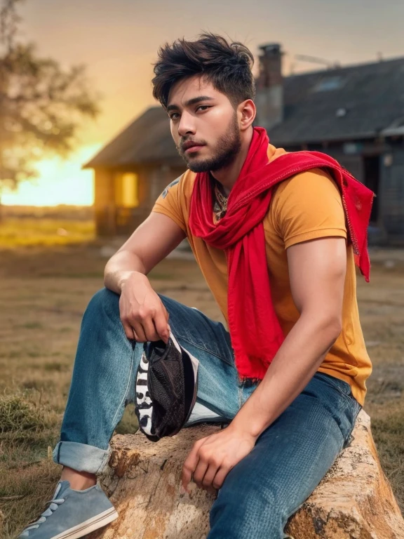 very beautiful young boy ，Sit on the roof and bask in the sun
